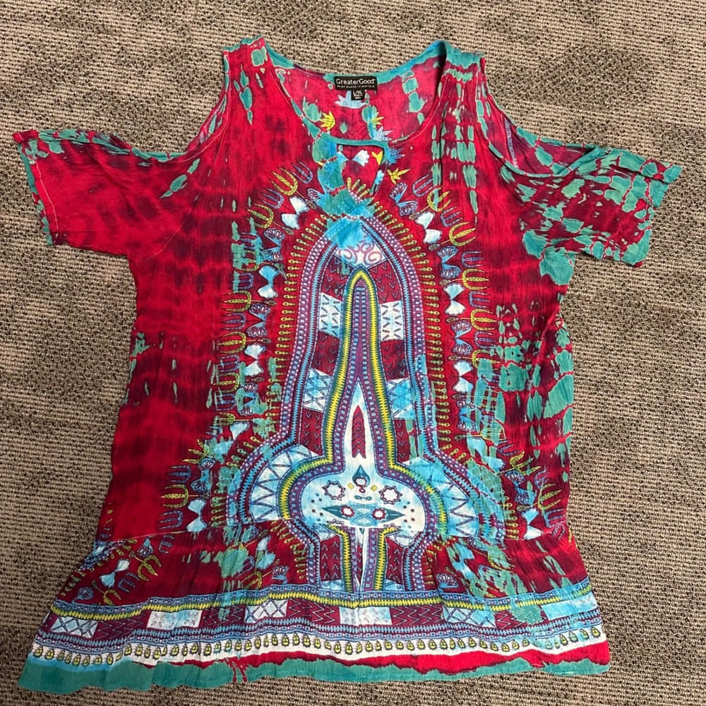 GreaterGood Womens Dashiki Cold Shoulder Tunic Top Red Teal Tie Dye L/XL Rayon